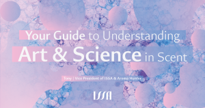 「香氛指南:Art & Science 的香氛定位與價值」主題封面圖片,背景以粉紫色水墨暈染設計呈現,中央為標題文字:Your Guide to Understanding Art & Science in Scent,搭配 ISSA 標誌。